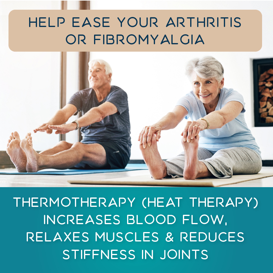 Older man and woman sitting on exercise mats performing gentle stretching exercises, illustrating heat therapy benefits for arthritis and fibromyalgia by improving blood flow, relaxing muscles and reducing joint stiffness.