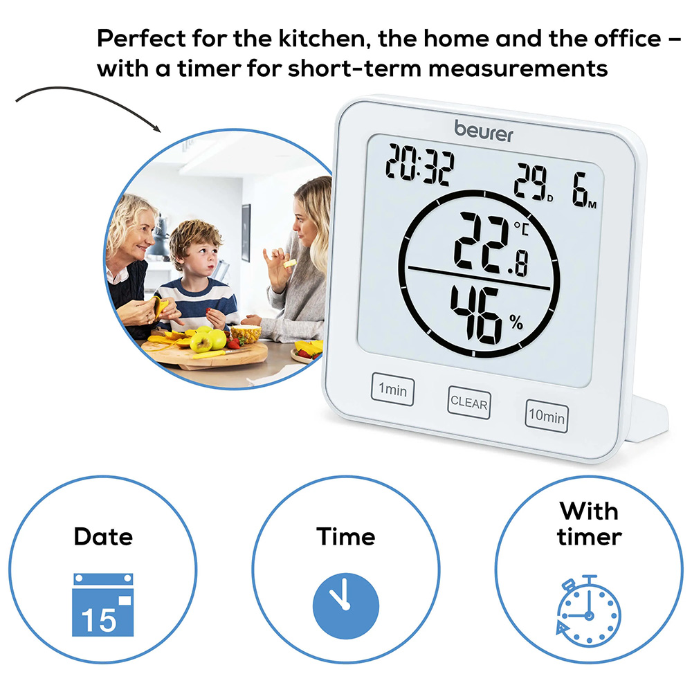 Beurer HM 22 digital thermo hygrometer with large LCD display showing temperature and humidity, date, time and timer buttons, suitable for kitchen, home or office use to monitor indoor air quality and short-term measurements.