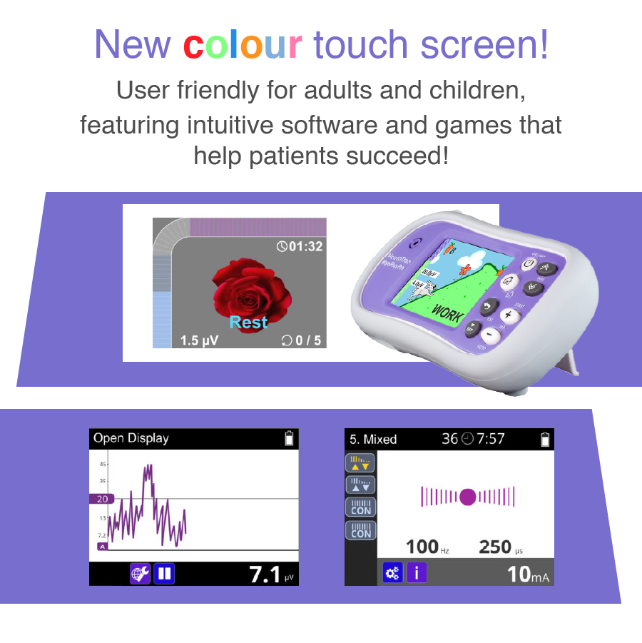 NeuroTrac MyoPlus Pro colour touch screen interface showing interactive games and EMG and EMS feedback displays for user-friendly rehabilitation.