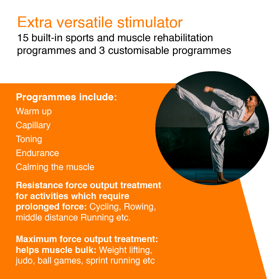 EMS muscle stimulator with multiple sports and rehabilitation programmes, showing built-in settings for muscle toning, endurance, resistance and strength training.