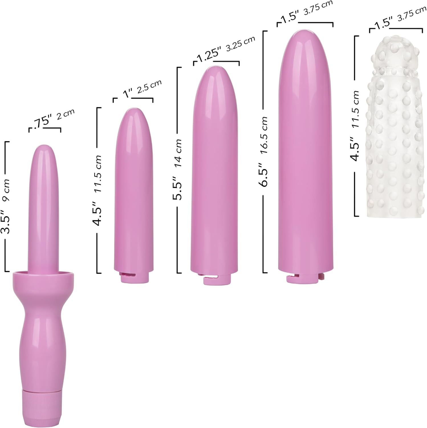 Pink vaginal dilator set shown with size measurements, including four graduated dilators and a textured silicone sleeve, illustrating diameter and length progression for pelvic floor therapy, vaginismus treatment, and vaginal stenosis rehabilitation.