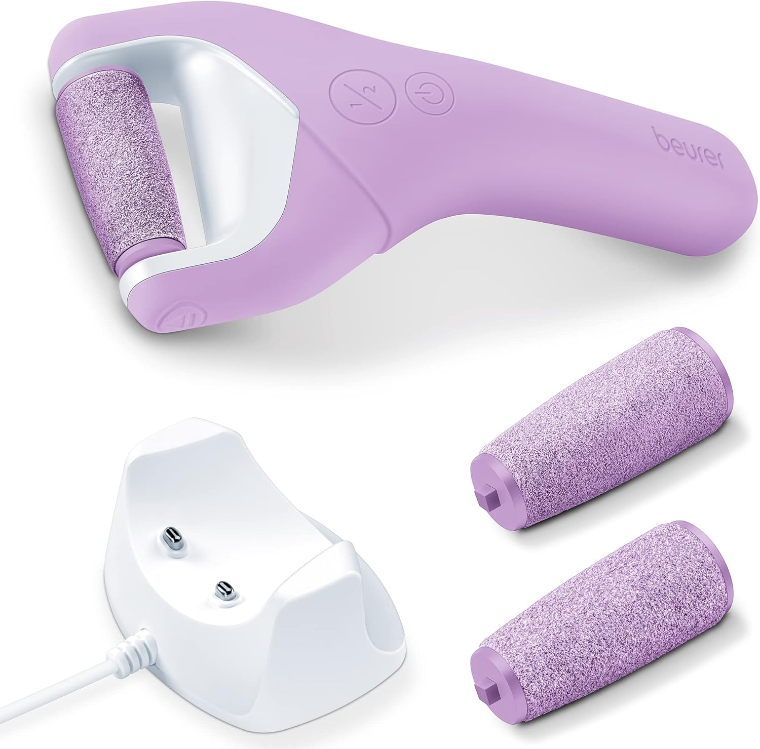 Beurer MP59 rechargeable electric pedicure and callus remover with purple handle, abrasive roller head, two replacement rollers and charging dock, designed for removing hard skin, calluses and cracked heels at home.