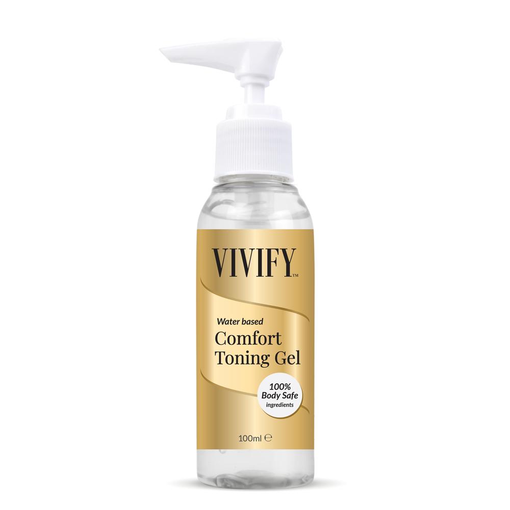 Vivify water-based comfort toning gel in a 100 ml pump bottle, designed to provide gentle lubrication and comfort for pelvic floor exercises and intimate device use