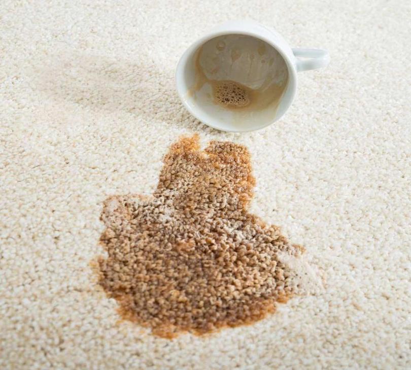 Professional Strength Stain Remover & Odour Destroyer can remove a spilled cup of coffee on a light-coloured carpet, showing a brown liquid stain spreading into the fibres, illustrating a common household carpet stain caused by hot drinks.