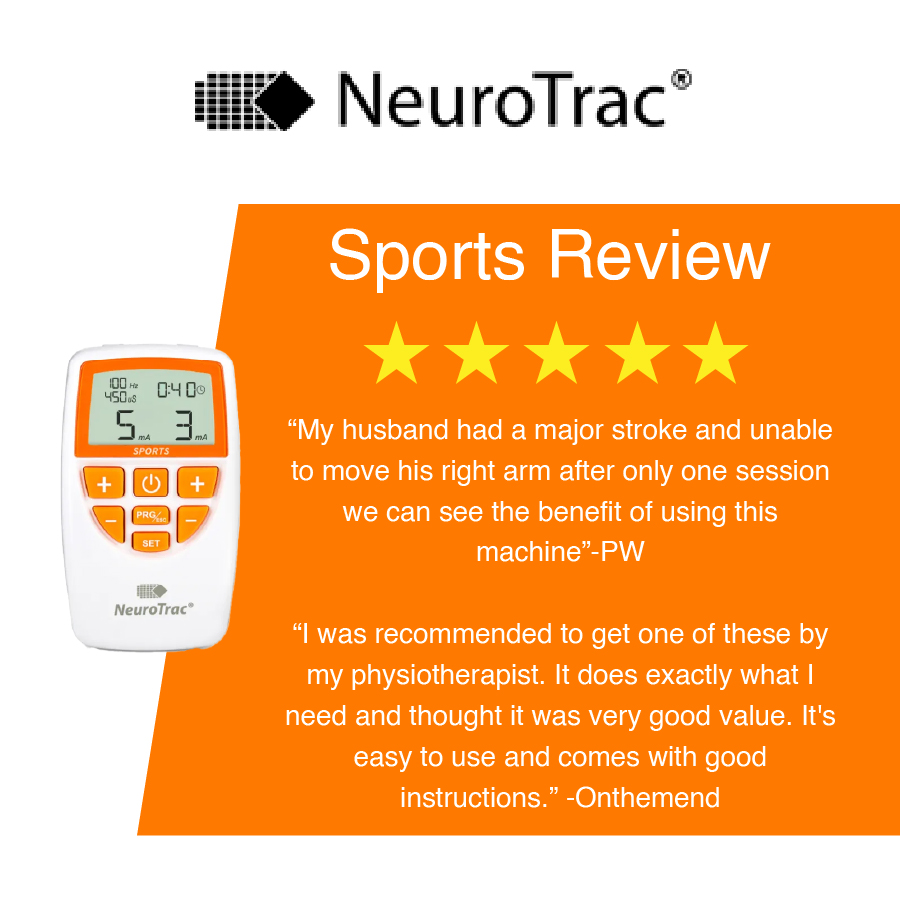 Customer review graphic for NeuroTrac Sports EMS muscle stimulator, displaying a five star rating and testimonials praising ease of use and muscle rehabilitation support.