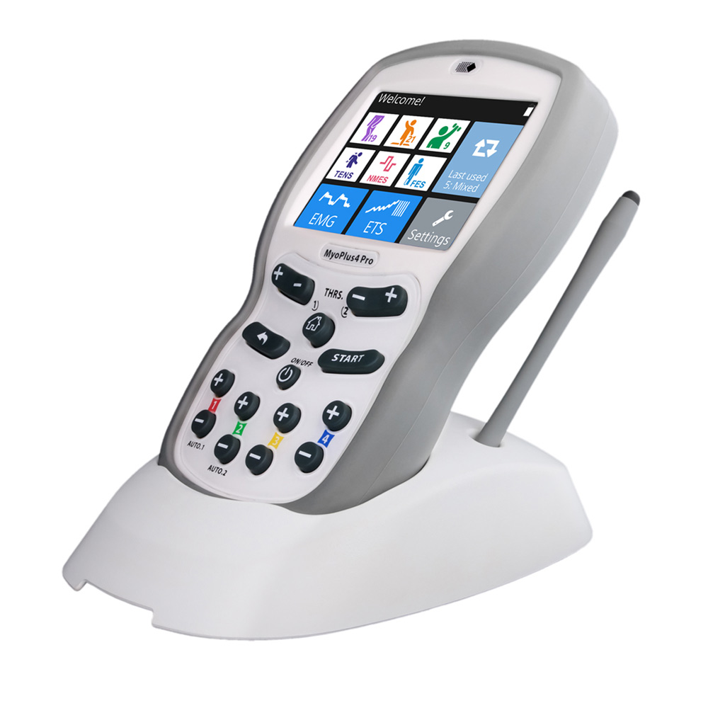NeuroTrac MyoPlus 4 Pro EMG biofeedback and EMS rehabilitation device on charging dock with colour touchscreen