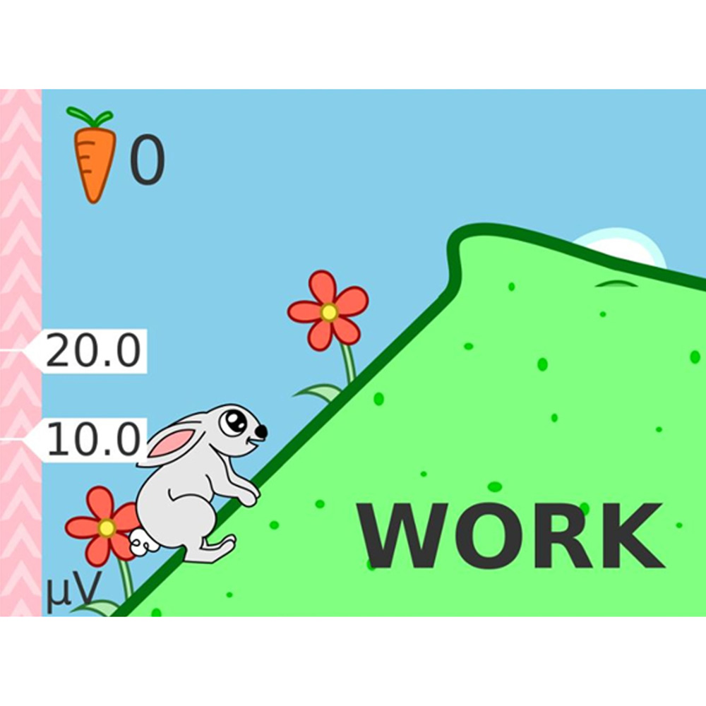 NeuroTrac MyoPlus 4 Pro EMG biofeedback workout screen showing gamified muscle training with animated rabbit climbing a hill.