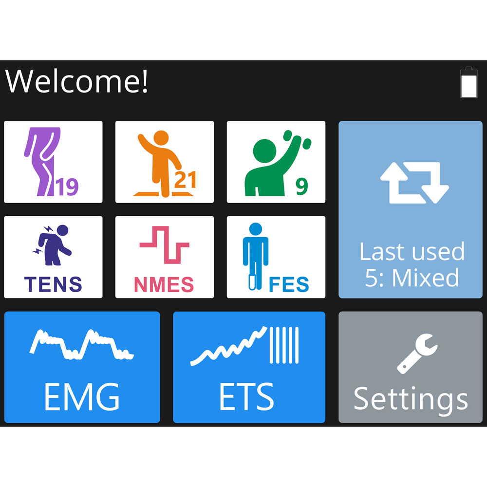 NeuroTrac MyoPlus 4 Pro touchscreen menu showing EMG biofeedback, TENS, NMES, FES, pelvic floor programmes and settings.