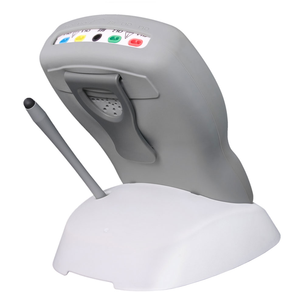 Rear view of NeuroTrac MyoPlus 4 Pro EMS and EMG biofeedback device docked in charging cradle with rear electrode ports and pen