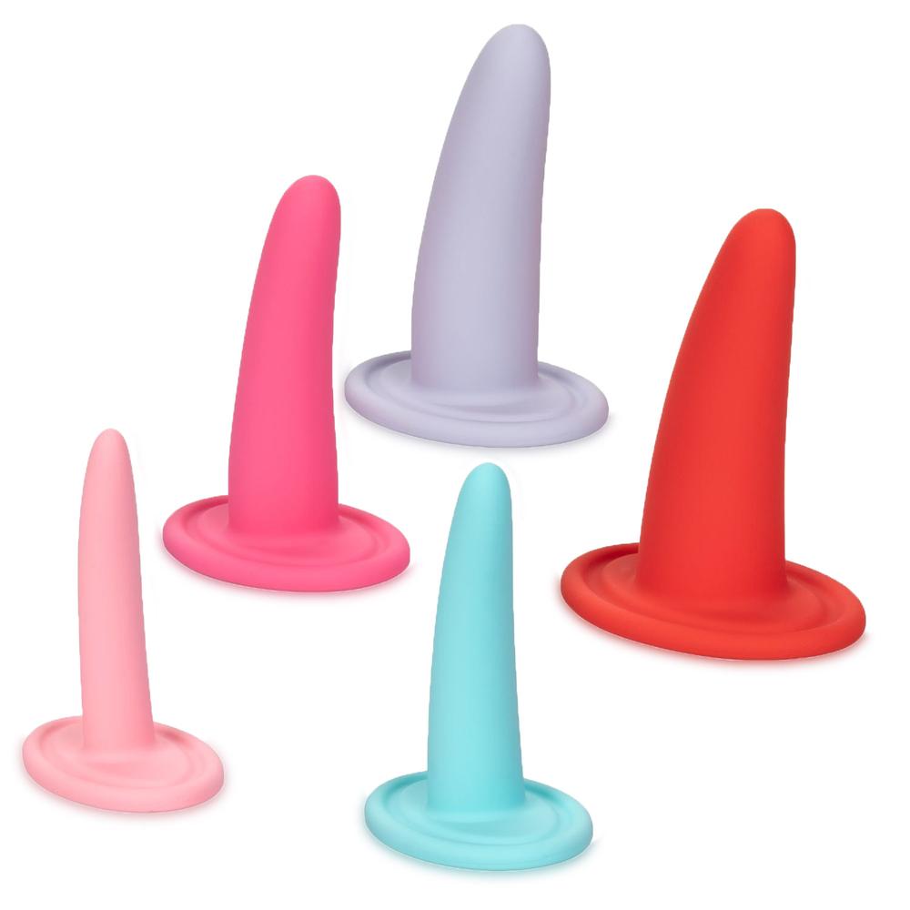 She-Ology wearable vaginal dilator set showing five graduated silicone dilators in different sizes for vaginismus and vaginal stenosis therapy
