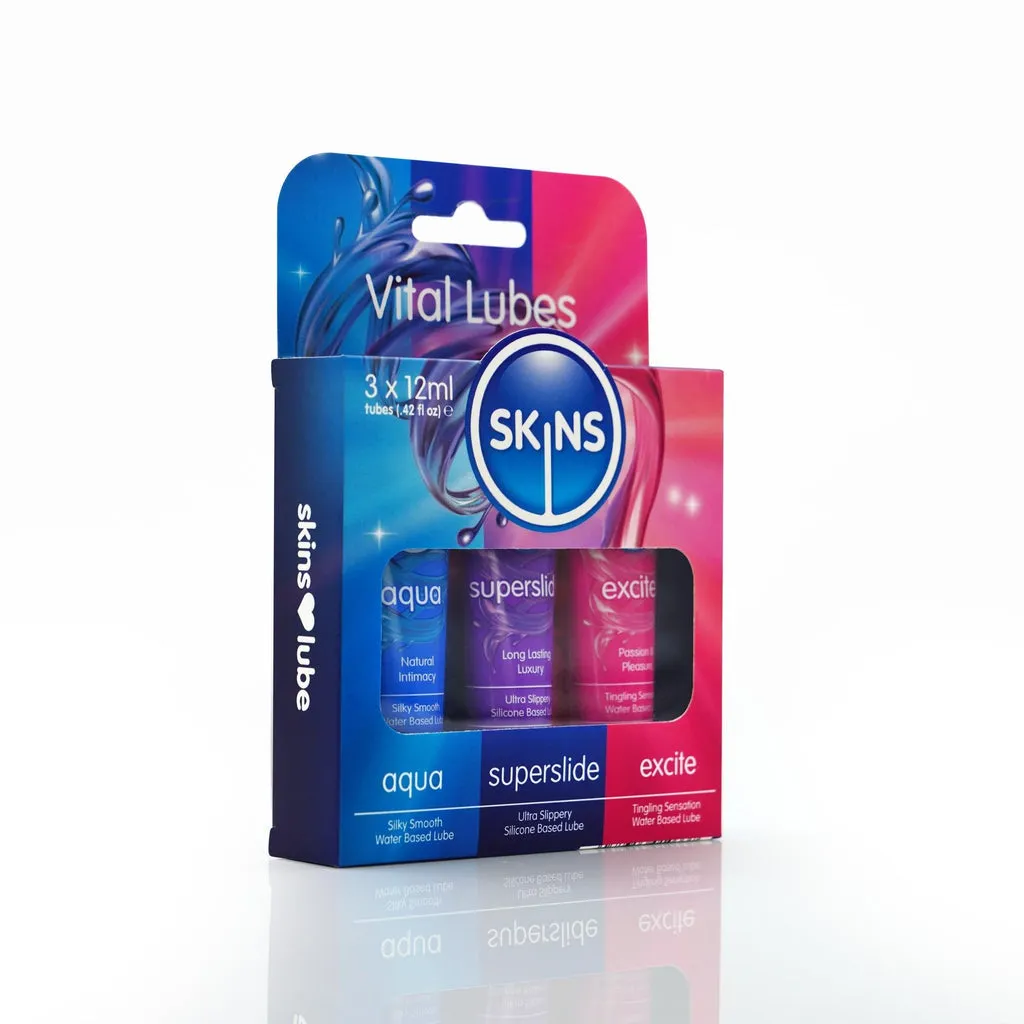 Skins Vital Lubes Trio includes Aqua water-based lube, Superslide silicone lube, and Excite tingling lube. Sugar-free, vegan, non-sticky and latex-compatible. Perfect travel-size lubricants for comfort, pleasure and long-lasting glide.