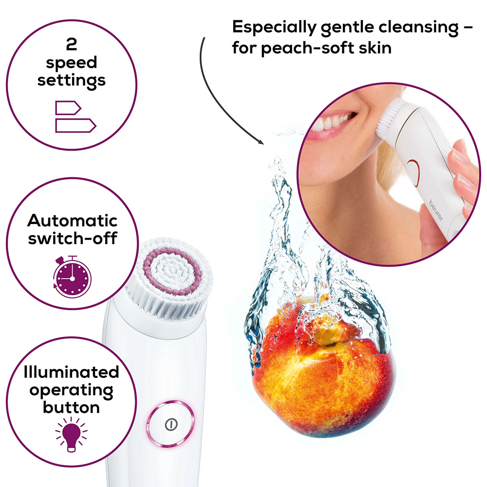 Beurer FC45 facial cleansing brush features showing 2 speed settings, automatic switch-off and illuminated button, with gentle exfoliating brush head for peach-soft, radiant skin.