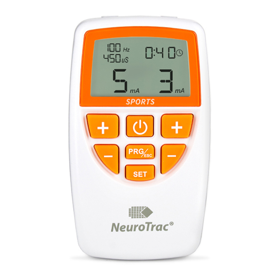 NeuroTrac Sports digital dual-channel muscle stimulator (STIM/NMS unit) with LCD display and orange control buttons, used for muscle strengthening, rehabilitation, endurance training, and sports recovery.