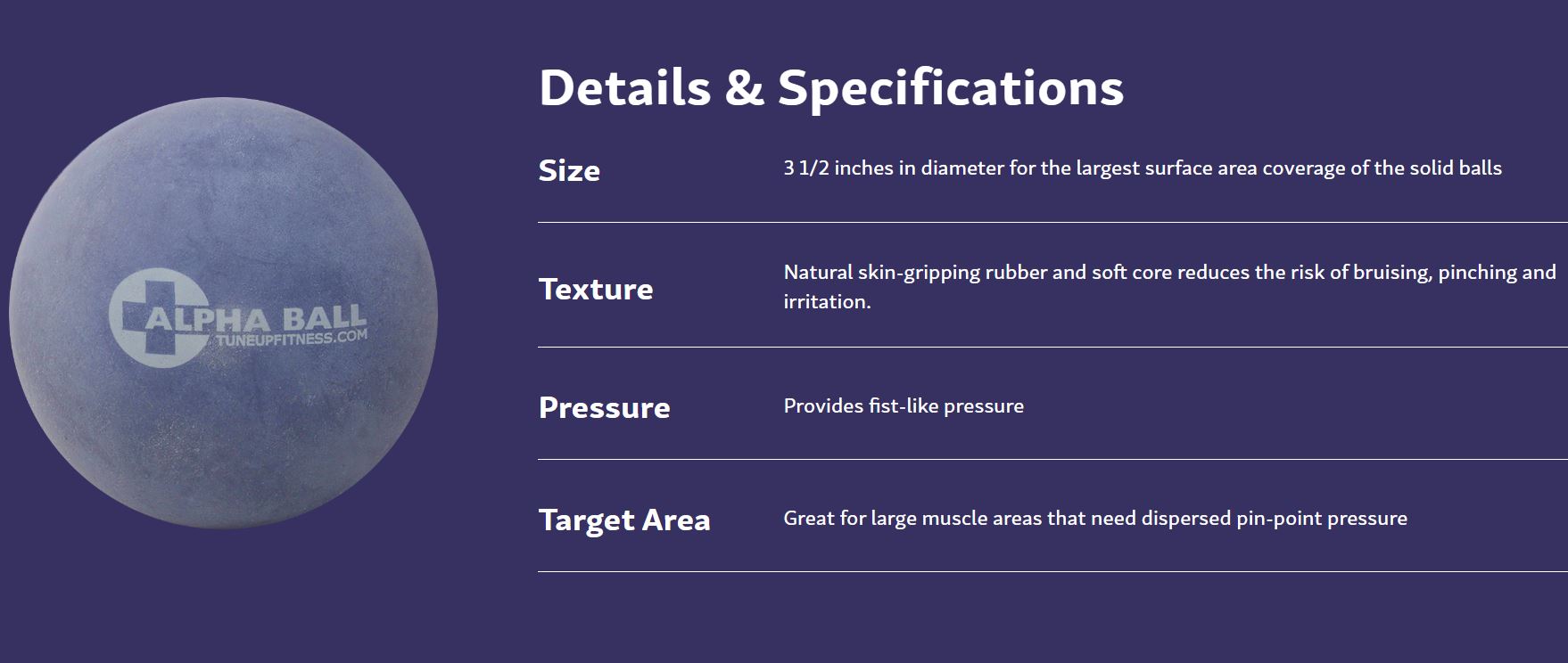 Alpha Ball massage ball specifications showing 3.5 inch size, soft rubber texture, firm pressure and use for large muscle areas.