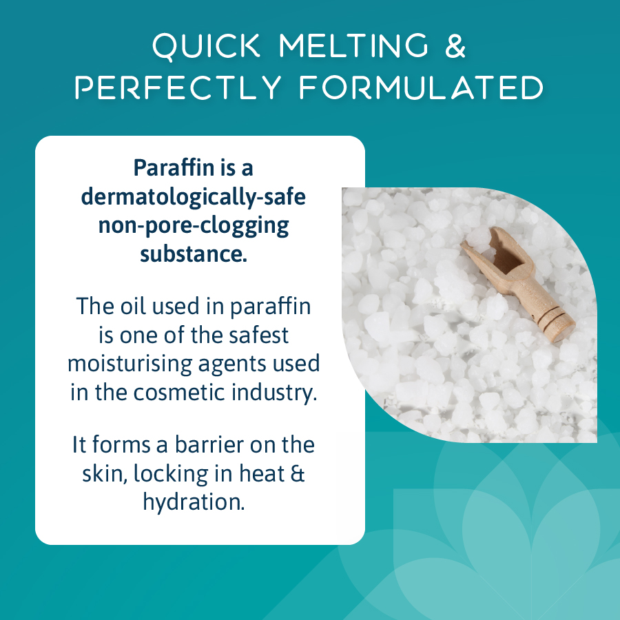 White paraffin wax pellets with a wooden scoop, used in hand and foot wax bath treatments to melt quickly, lock in heat and moisture, hydrate dry skin, and support professional thermotherapy and skincare treatments