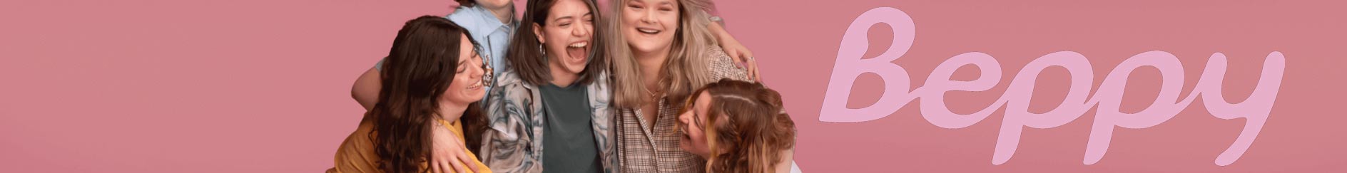 Beppy banner showing a group of smiling women laughing together on a pink background with the Beppy logo.