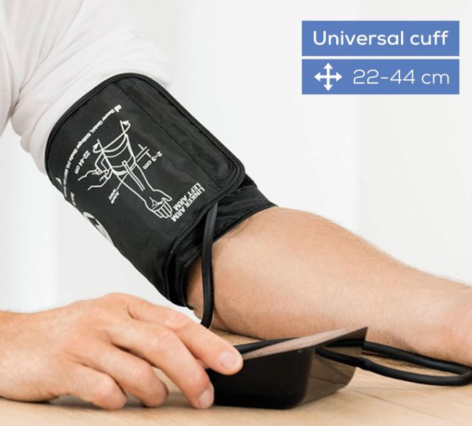 Beurer BM54 universal upper arm blood pressure cuff fitted on an adult arm, showing correct placement and cuff size range 22–44 cm, designed for accurate and comfortable home blood pressure measurement.