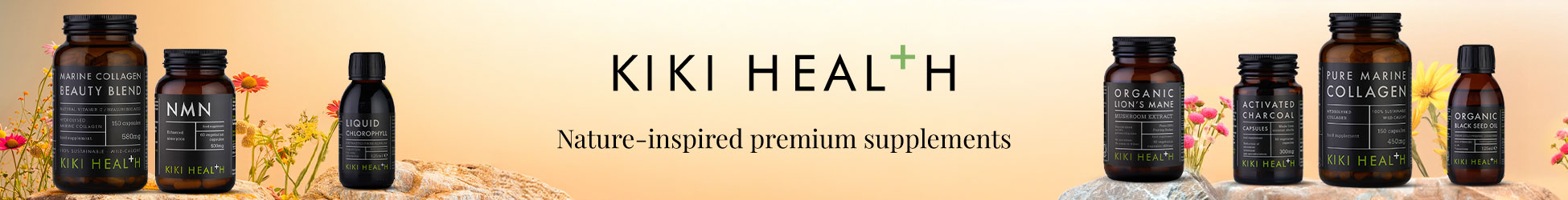 KIKI Health supplements banner displaying various wellness formulas in amber bottles on natural stone with flowers and the tagline Nature-inspired premium supplements.