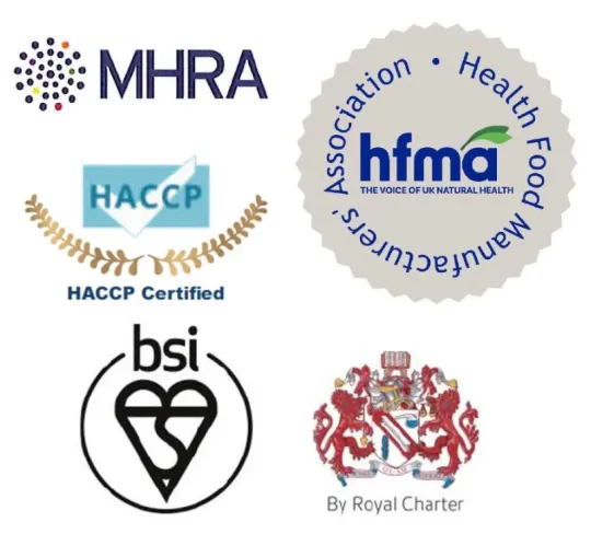 MHRA, HACCP and BSI certified health product meeting UK regulatory standards. Backed by HFMA membership and Royal Charter accreditation, ensuring quality, safety, compliance and trusted manufacturing for supplements and healthcare products.