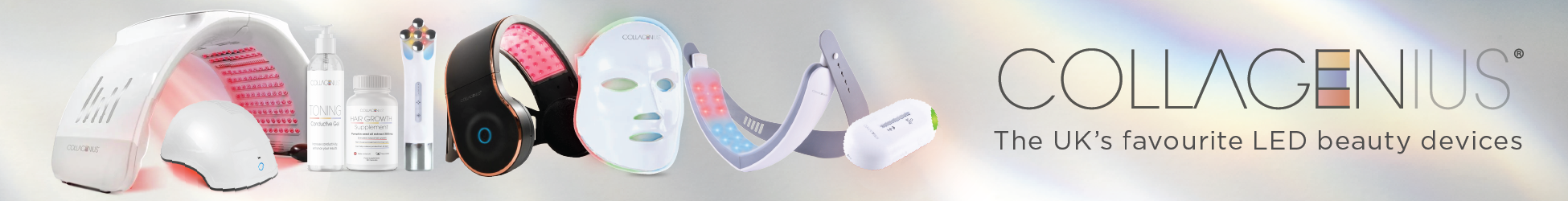 Collagenius LED beauty device banner displaying various red and multicolour light therapy products with the Collagenius logo and the tagline The UK&rsquo;s favourite LED beauty devices.