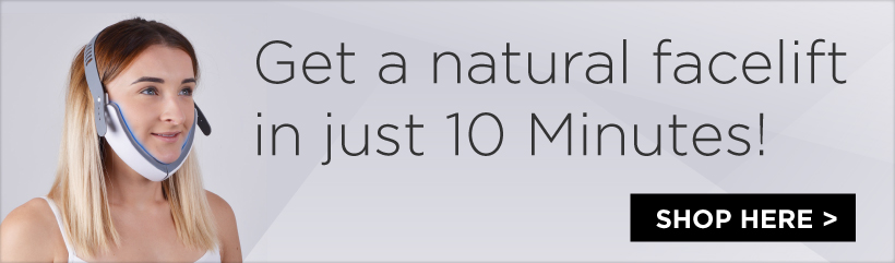 Collagenius V-Facelift and Neck Contour Device. Woman wearing a chin-lifting facial device with text promoting a natural facelift in 10 minutes and a &lsquo;Shop Here&rsquo; call-to-action.