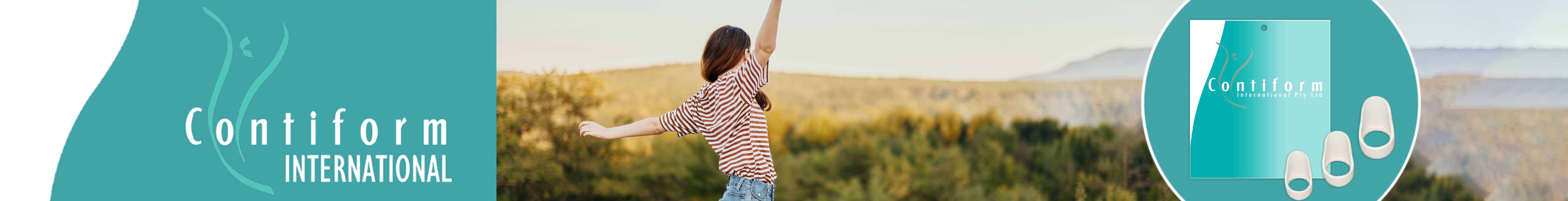 Contiform International brand banner featuring teal logo, a woman celebrating outdoors against a landscape background, and a circular product display with Contiform packaging and pessaries.