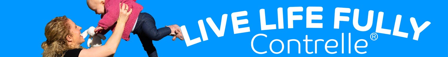 Contrelle Live Life Fully banner featuring a mother playfully lifting her baby in the air beside bold white Contrelle branding.