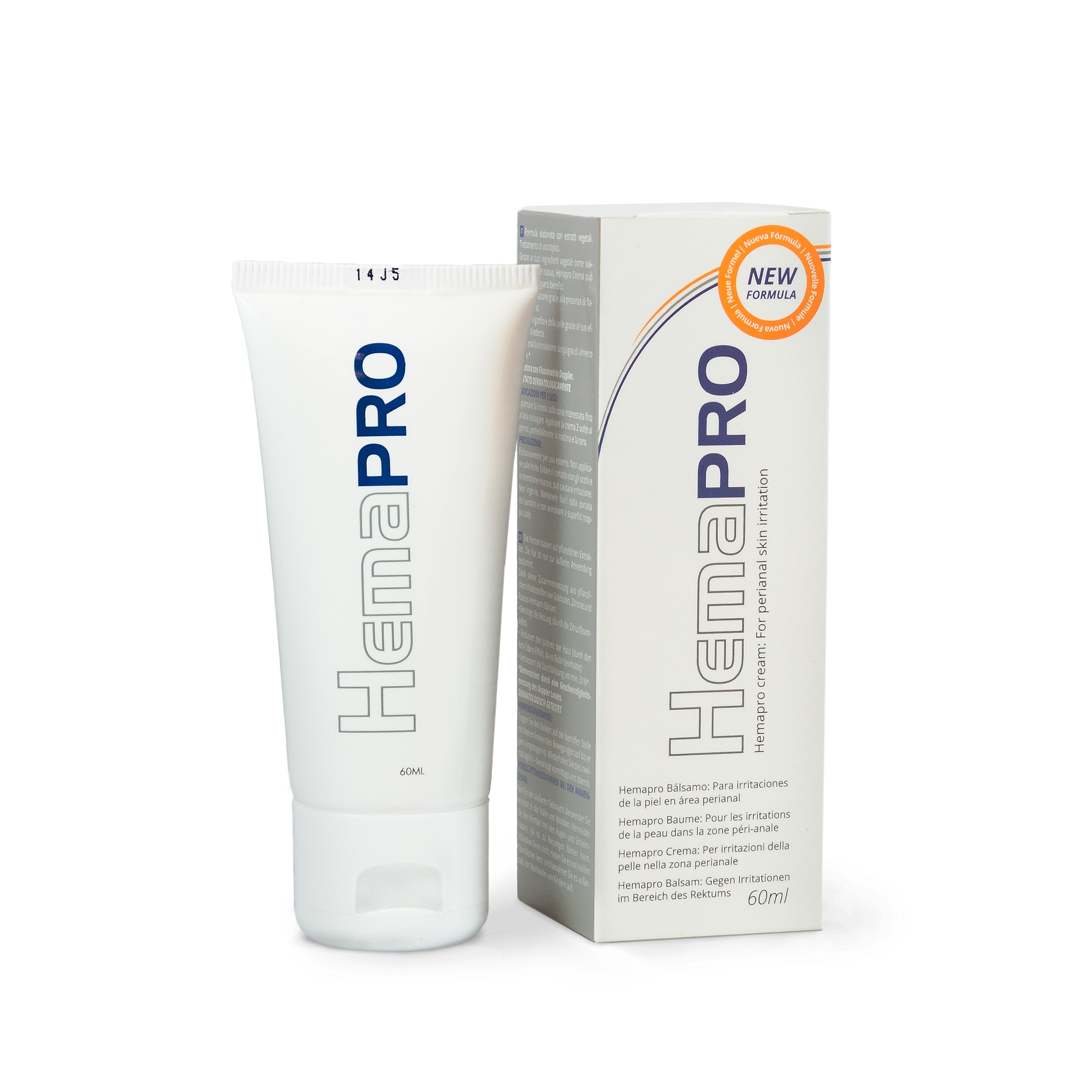 HemaPro cream tube displayed next to its outer box packaging, showing the product name, new formula label, and 60 ml size.