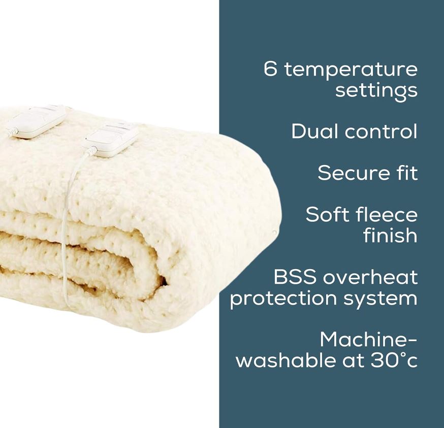 Beurer heated mattress cover with dual controllers showing 6 temperature settings, soft fleece finish and safety features