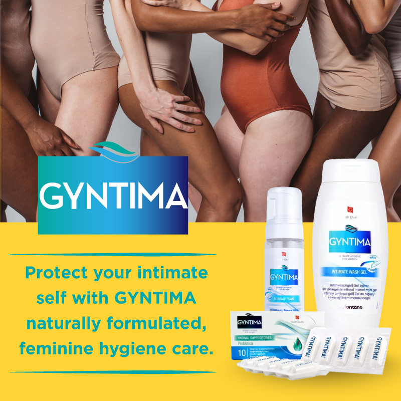 Diverse group of women wearing neutral underwear alongside Gyntima intimate hygiene range, including intimate wash, foam, wipes and probiotic suppositories, promoting gentle feminine care