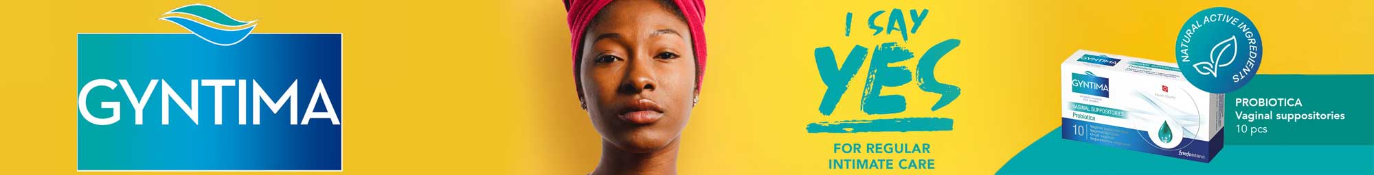 Gyntima intimate care banner with blue Gyntima logo, woman in pink headwrap on yellow background, text saying &lsquo;I Say Yes for Regular Intimate Care,&rsquo; and Gyntima Probiotica vaginal suppositories product box.