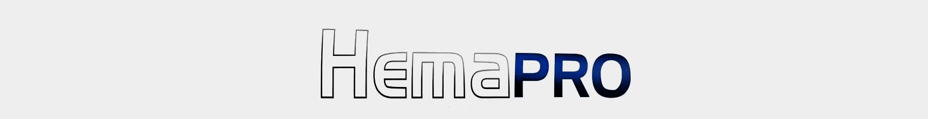 HemaPRO logo displaying thin outlined font for &lsquo;Hema&rsquo; and solid blue gradient text for &lsquo;PRO&rsquo; against a pale background.