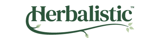 Herbalistic brand logo featuring dark green classic typography with a curved vine and small leaves flowing under the text.