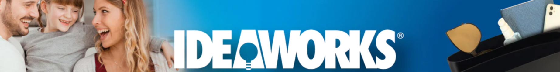 IDEAWORKS promotional banner featuring a happy family of three on the left, bold white IDEAWORKS logo in the centre, and small household gadget parts on the right.