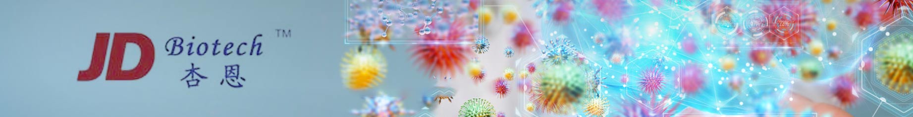 JD Biotech banner with red and blue JD Biotech logo and Chinese characters on the left, next to a bright microscopic illustration of cells, particles and molecular networks.