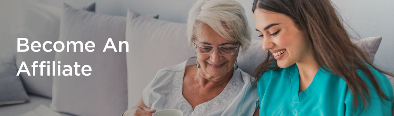 Lifestyle banner showing an older woman and a younger woman smiling together next to a message inviting users to become an affiliate for Stressnomore.