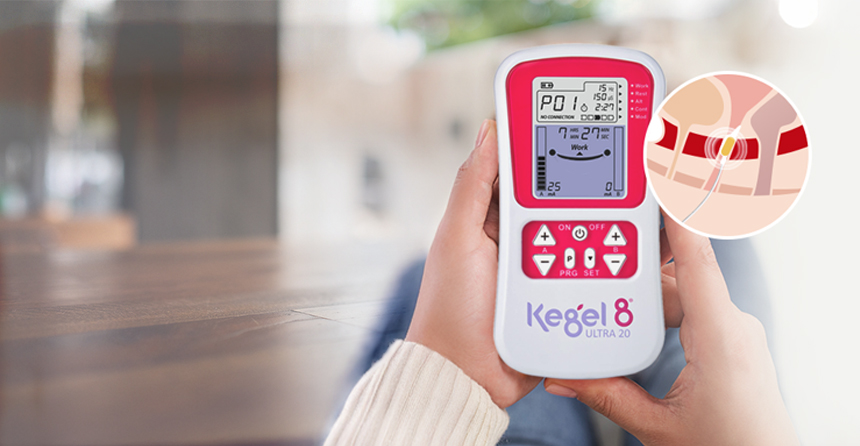 Hands holding a Kegel8 Ultra 20 V2 Pelvic Toner device with screen display, alongside text promoting strengthening and rehabilitation with the UK’s best-selling pelvic exerciser.