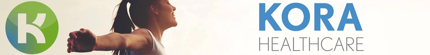 Kora Healthcare brand banner showing a woman enjoying the outdoors with arms wide open next to the green K icon and blue Kora Healthcare text.