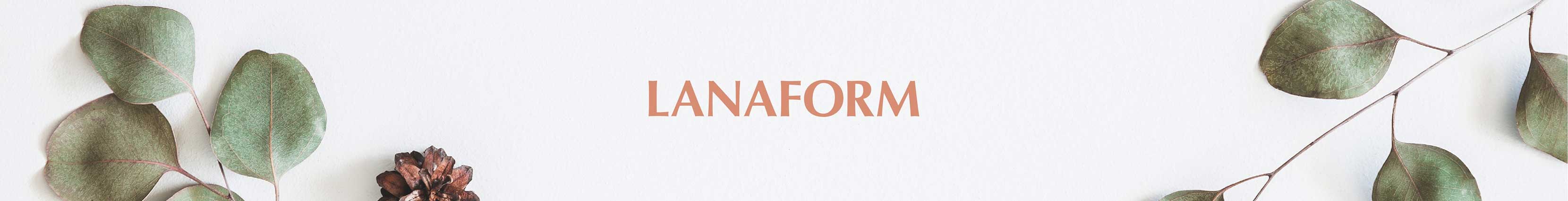 Lanaform banner with natural green leaves and pinecone accents framing the Lanaform logo on a white minimalist backdrop