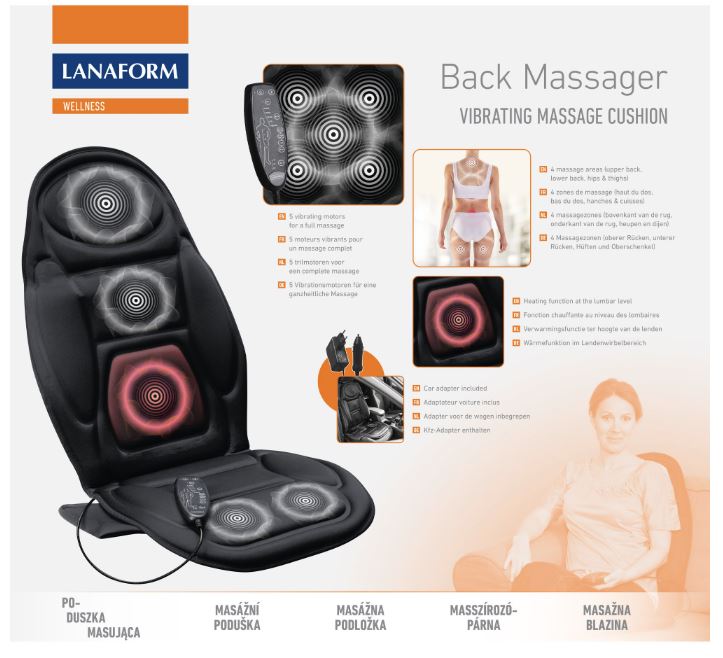 Lanaform vibrating back massager cushion with multiple massage zones and heated lumbar support, designed for full back, hips and thighs relaxation, ideal for pain relief at home, office or in the car.