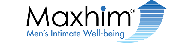 Maxhim Men’s Intimate Wellbeing brand logo with clean text and a blue gradient arrow graphic indicating support and improvement.