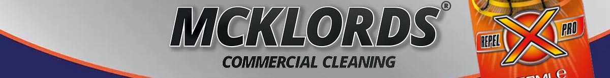 MCKLORDS Commercial Cleaning graphic showing the company&rsquo;s bold logo on a curved grey, blue and orange background, alongside partial packaging of an orange Repel Pro product.
