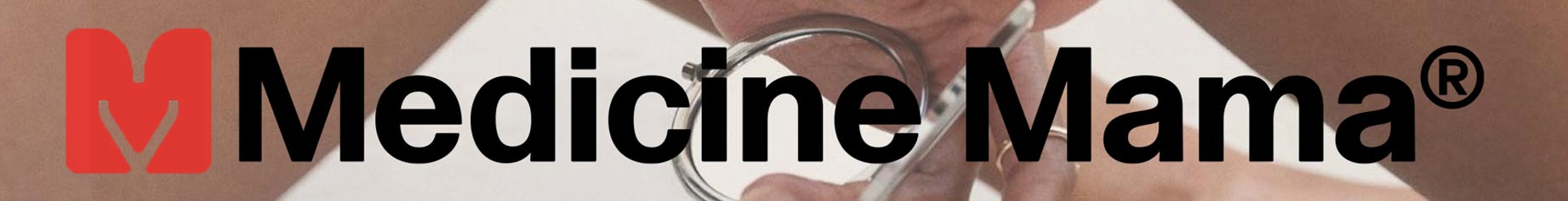 Medicine Mama skincare brand banner showing red logo and hands holding a stethoscope behind the text.