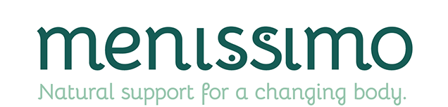 Menissimo brand logo with clean green text and supporting tagline highlighting natural support for a changing body.