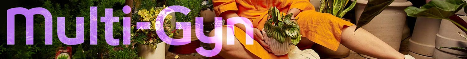 Multi-Gyn brand banner featuring oversized purple logo text on top of a lifestyle image of a woman surrounded by plants and holding a potted plant.