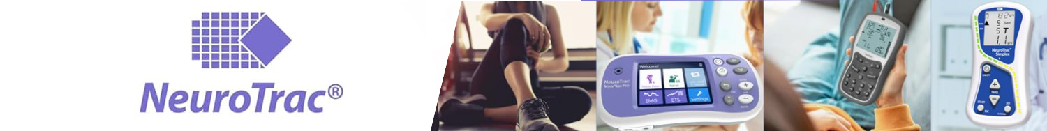 NeuroTrac branding with purple logo and multiple NeuroTrac medical devices, including muscle stimulators and pelvic floor therapy units, shown alongside people using the equipment for pain relief and rehabilitation