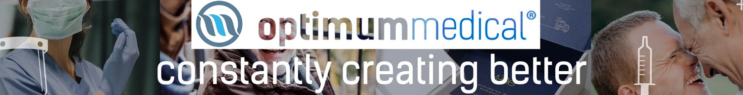 Optimum Medical banner with the Optimum Medical logo and the phrase constantly creating better, displayed over images of healthcare professionals and medical equipment.