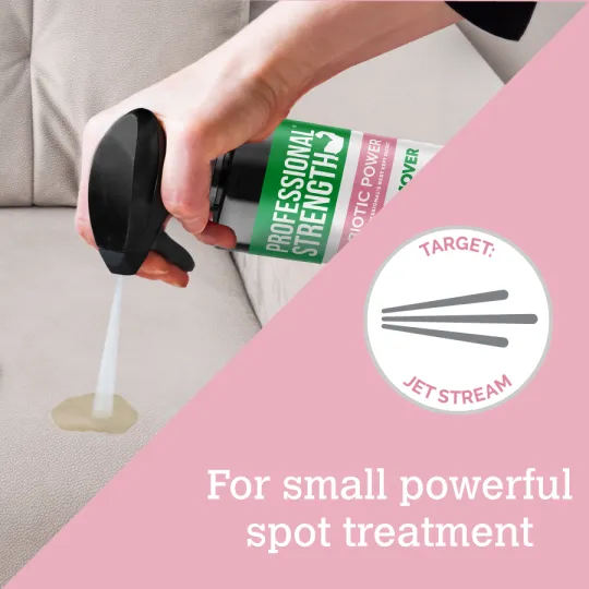 Professional Strength carpet and upholstery stain remover used on fabric sofa with targeted jet stream spray, designed for small, powerful spot treatment to lift stubborn stains and eliminate odours effectively.