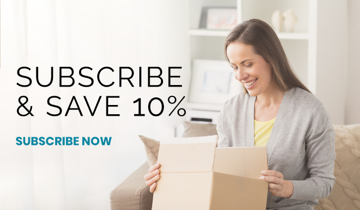 Woman sitting on a sofa happily opening a delivery box, with promotional text reading Subscribe & Save 10% and a Subscribe Now button.