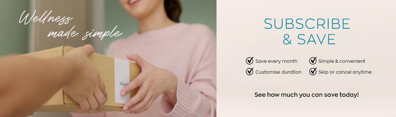 Promotional banner showing a woman accepting a delivery box with text highlighting Wellness Made Simple and Subscribe & Save features such as monthly savings, custom duration and flexible cancellation.